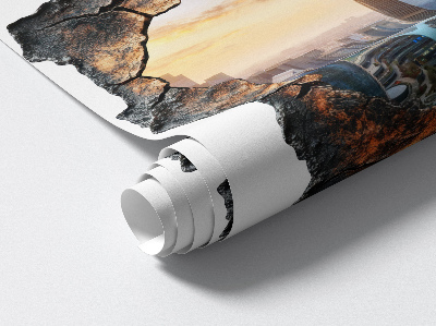 3D wandsticker gat in de muur 125x130 Stad van de toekomst