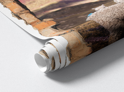 3D wandsticker gat in de muur 86x130 Alpaca's bergen