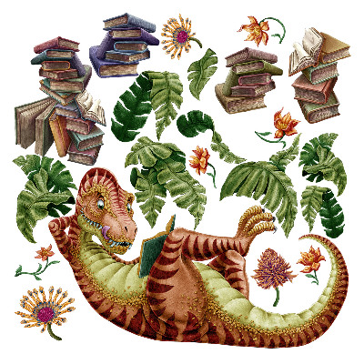 Muur stickers 100x149 Rode dinosaurus met tekeningen en vegetatie