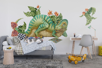 Muur stickers 100x127 Een dinosaurus in cartoonstijl met bladeren en bloemen