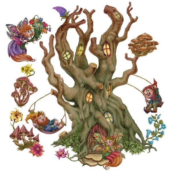 Muur stickers 100x132 Bosfeeënwezens en een boomhut