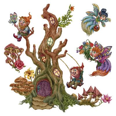 Muur stickers 100x104 Bosmagie met feeën en dwergen
