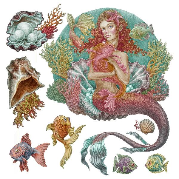 Muur stickers 100x99 Een zeemeermin in cartoonstijl met onderwaterschelpen