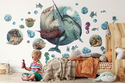 Muur stickers 100x109 Een onderwaterland vol tekenfilmwezens