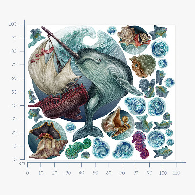 Muur stickers 100x109 Een onderwaterland vol tekenfilmwezens