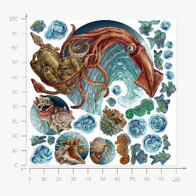 Muur stickers 100x101 Het magische land van onderwaterwezens in een tekening