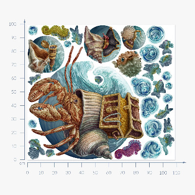 Muur stickers 100x109 Een onderwatersprookje met krabben in tekenfilmstijl