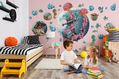 Muur stickers 100x107 Een onderwatersprookje met zeekwallen in de tekening