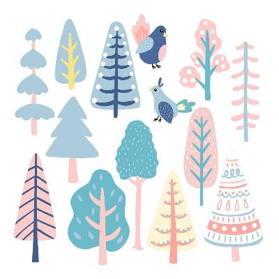 Muur stickers 100x125 Boho-bos met pastelkleurige bomen en vogels