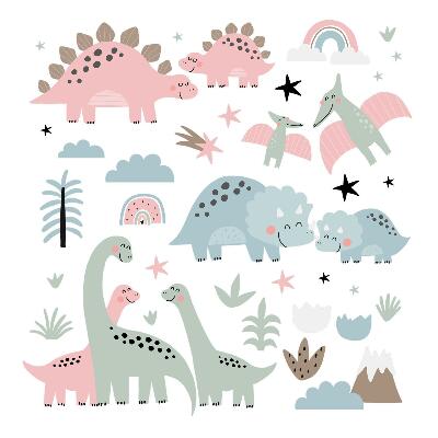 Muur stickers 100x148 Dinosaurussen omringd door pastelkleurige vegetatie