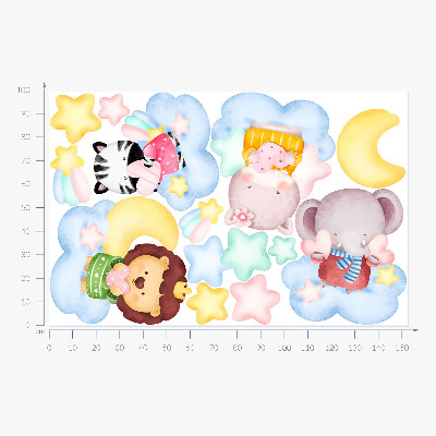 Muur stickers 100x153 Schattige dieren in wolken en sterren aquarel pastel