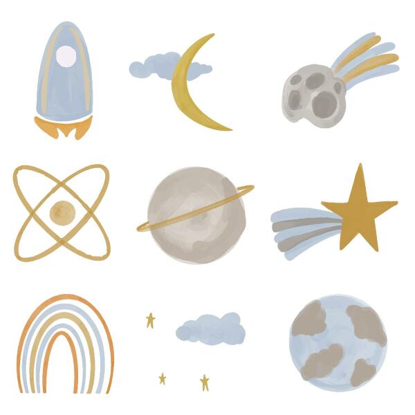 Muur stickers 100x167 Een ruimte-illustratie van planeten en sterren in pastelkleuren.