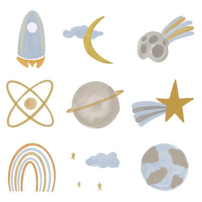 Muur stickers 100x167 Een ruimte-illustratie van planeten en sterren in pastelkleuren.