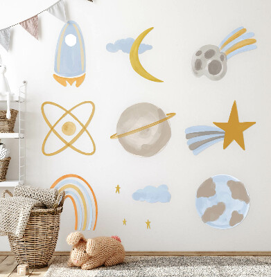 Muur stickers 100x167 Een ruimte-illustratie van planeten en sterren in pastelkleuren.
