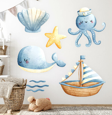 Muur stickers 100x132 Zeedieren en een boot in pastelwaterverf