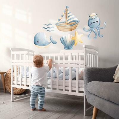 Muur stickers 100x132 Zeedieren en een boot in pastelwaterverf