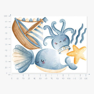 Muur stickers 100x132 Zeedieren en een boot in pastelwaterverf