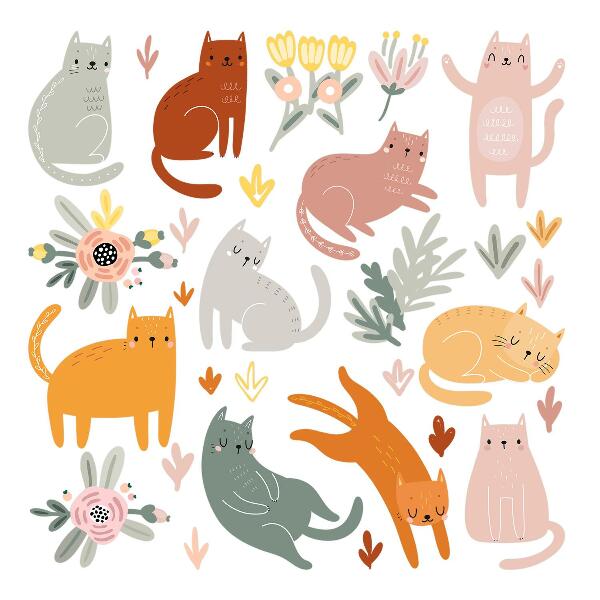 Muur stickers 100x176 Pastelkleurige katten en planten in boho-stijl