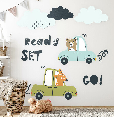 Muur stickers 100x135 Klaar om te gaan! Pastelkleurige dieren in auto's