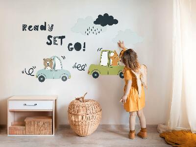 Muur stickers 100x135 Klaar om te gaan! Pastelkleurige dieren in auto's
