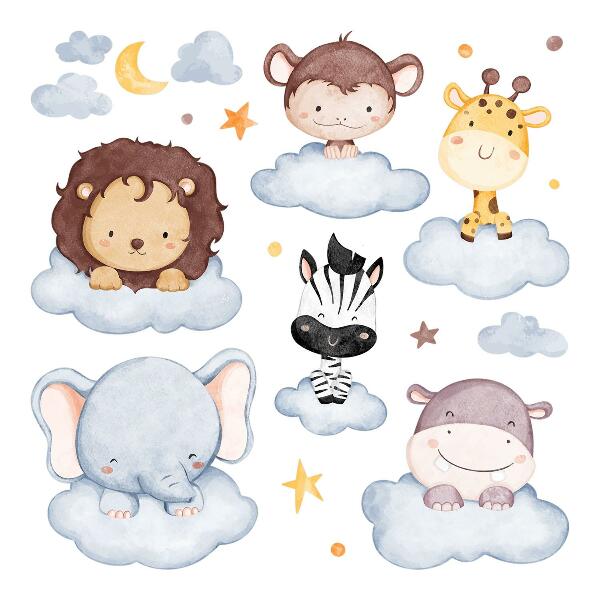 Muur stickers 100x136 Schattige dieren in pastelwolken