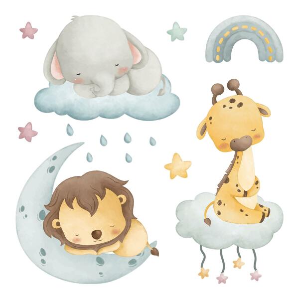 Muur stickers 100x152 Schattige dieren in pastelhemel