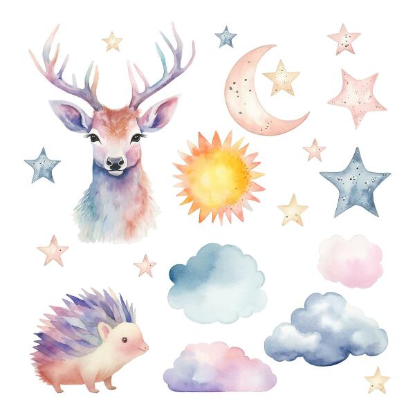 Muur stickers 100x110 Pastel aquarel dieren en lucht