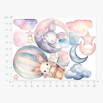 Muur stickers 100x133 Konijnen in een pastelkleurige lucht met een ballon 's nachts