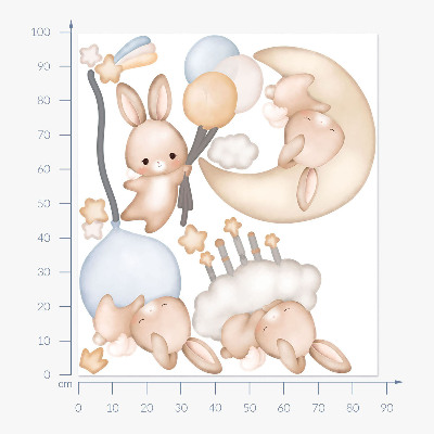 Muur stickers 100x88 Konijntjes met ballonnen in de nachtelijke hemel aquarel