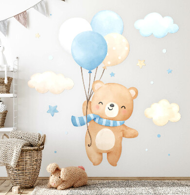 Muur stickers 100x143 Schattige teddybeer met ballonnen in de wolken pastel aquarel