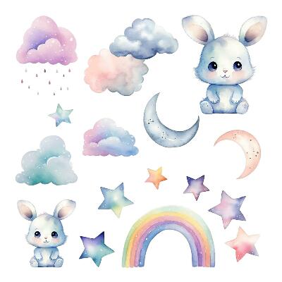 Muur stickers 100x134 Konijntjes in een pastelkleurige lucht met een regenboog en sterren