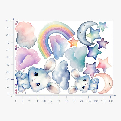 Muur stickers 100x134 Konijntjes in een pastelkleurige lucht met een regenboog en sterren