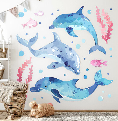 Muur stickers 100x155 Blauwe dolfijnen in een pastelkleurig onderwaterlandschap