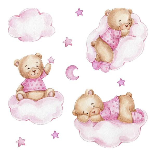 Muur stickers 100x145 Schattige teddyberen op wolken in aquarelpastels