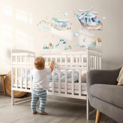 Muur stickers 100x145 Een helikopter en een vliegtuig in een pastelkleurig stadje