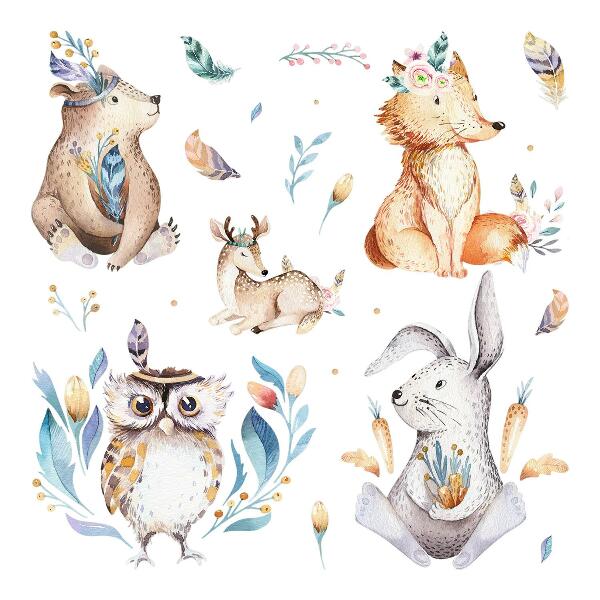 Muur stickers 100x120 Bosdieren in pastelkleuren in boho-stijl