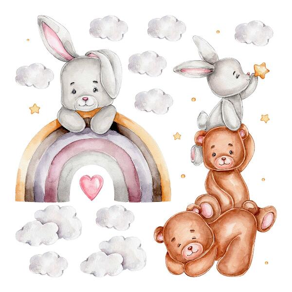Muur stickers 100x168 Pastelkleurige teddyberen en konijntjes in waterverf