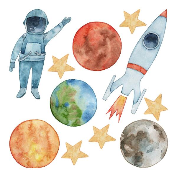 Muur stickers 100x178 Ruimteplaneten met aquarel van astronaut en raket