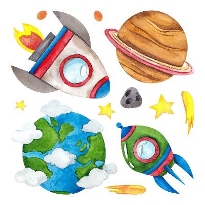 Muur stickers 100x169 Ruimtewaterverf met raketten en sterren