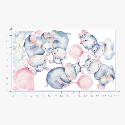 Muur stickers 100x169 Nijlpaardfamilie met ballonnen en pastelkleurige wolken