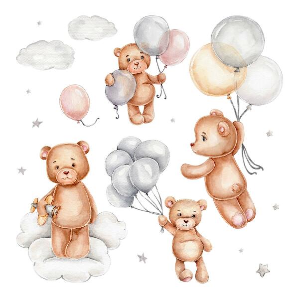 Muur stickers 100x150 Schattige teddyberen met ballonnen in de wolken pastel