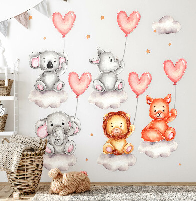 Muur stickers 100x150 Schattige dieren op wolken met pastelkleurige ballonnen