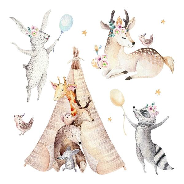 Muur stickers 100x162 Pastelkleurige bosdieren in aquarelstijl