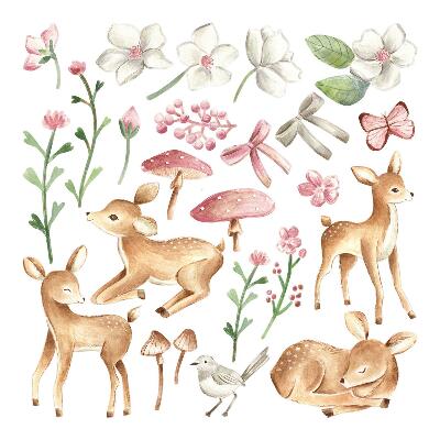 Muur stickers 100x148 Bosdieren in pastelwaterverf met herten