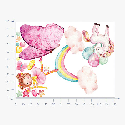 Muur stickers 100x131 Pastelkleurige eenhoorn met ballonnen op een regenboog