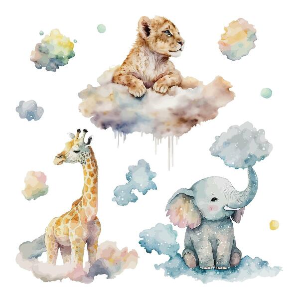 Muur stickers 100x159 Safari met geschilderde wilde dieren in de wolken