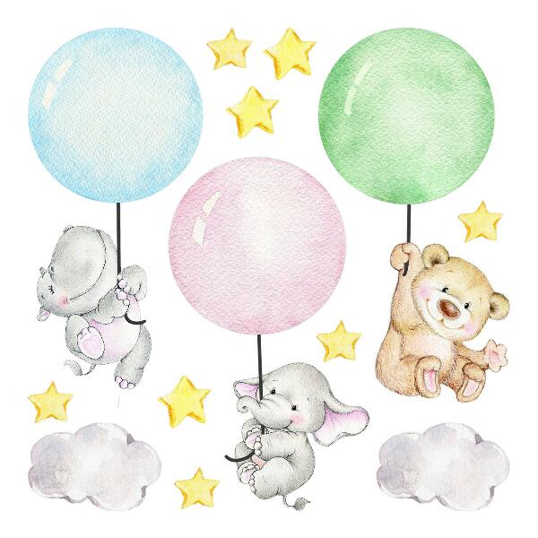 Muur stickers 100x141 Kleine dieren met ballonnen in pastelkleuren
