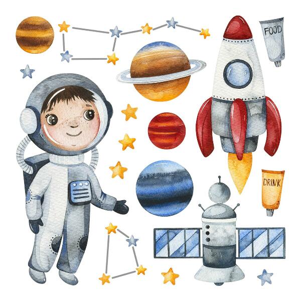 Muur stickers 100x134 De ruimtereis van een kleine astronaut in waterverf