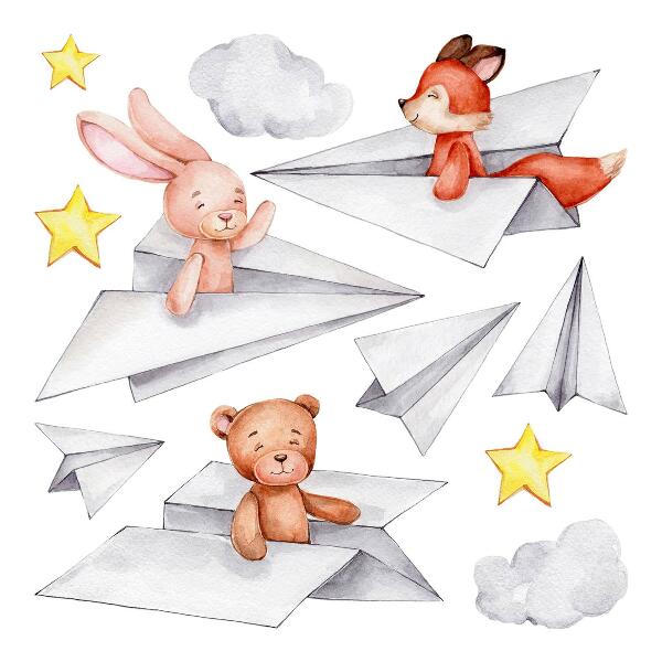 Muur stickers 100x170 Schattige dieren in papieren vliegtuigjes
