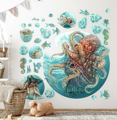 Muur stickers 100x116 De sprookjesachtige zeewereld van octopussen en schepen